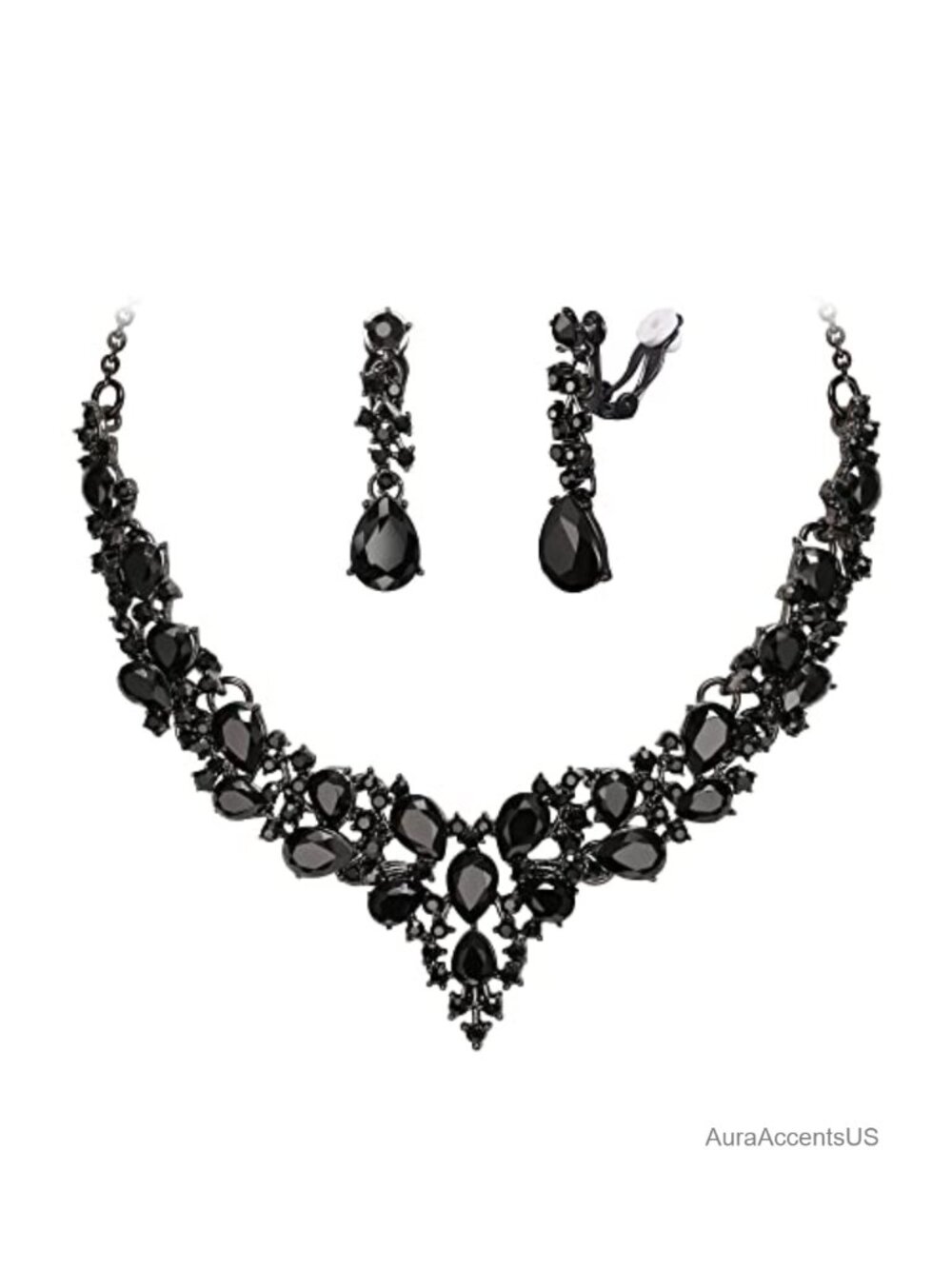 Austrian Crystal Statement Necklace Clip-On Earrings Jewelry Set Bridal